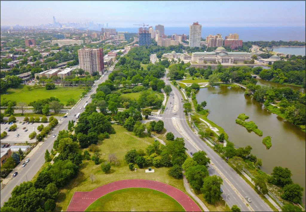 Aerial Photo of Jackson Park, Women’s Garden, Midway Plaisance, Lagoons and Wooded Island with Museum of Science & Industry © Steven Vance