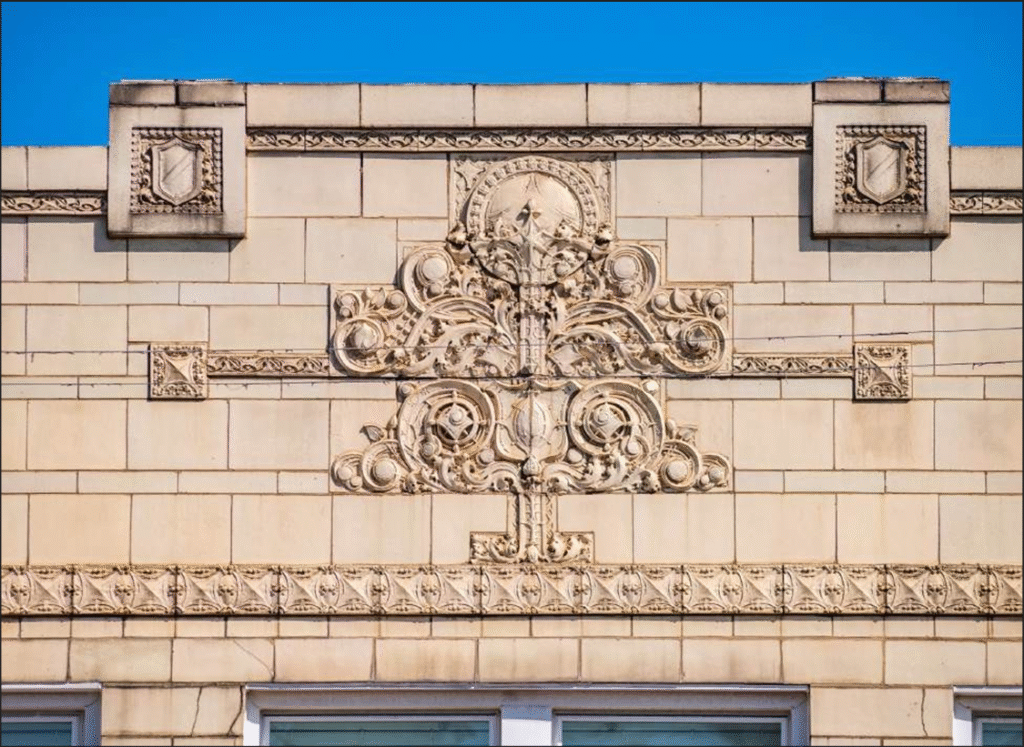 Sullivanesque-style terra cotta ornament on the Polskie Centrum Medyczne Building, 1923, Rissman & Hirshfield, 3015-3027 N. Milwaukee Avenue. Photo credit: Serhii Chrucky