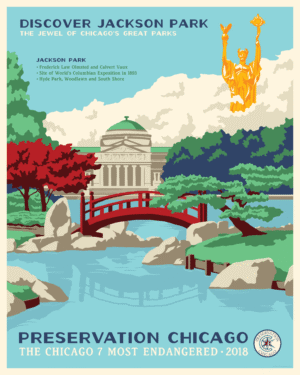 Discover Jackson Park, a Preservation Chicago poster of Jackson Park, the jewel of Chicago’s great parks