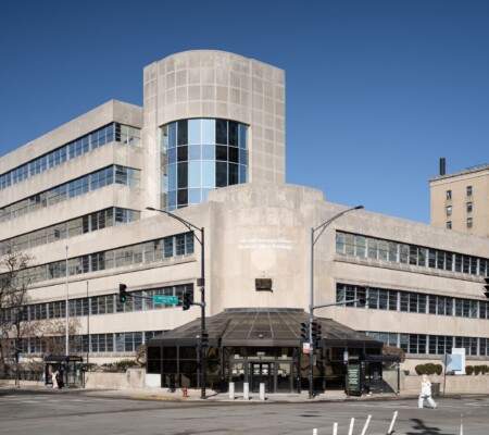 Amalgamated Meat Cutters and Butcher Workmen of North America Building, 1951, Everett F. Quinn & Associates (original building); Loebl Schlossman & Hackl (rehabilitation), 2800 N. Sheridan Road, Lake View. Demolished July 2026. Photo credit: Serhii Chrucky / Esto